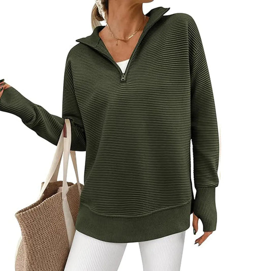 Women's Long Sleeve Quarter Zip Pullover Sweater Casual Loose V Neck Collared Ribbed Knit Jumper Tops