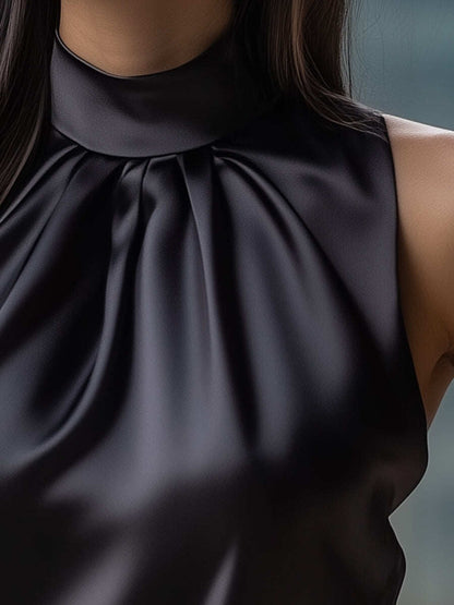 Black Satin High Neck Sleeveless Blouse