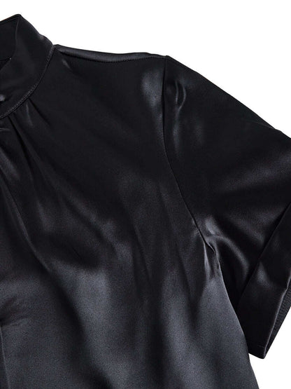 Sophisticated White Satin Blouse with Modern Keyhole Neckline