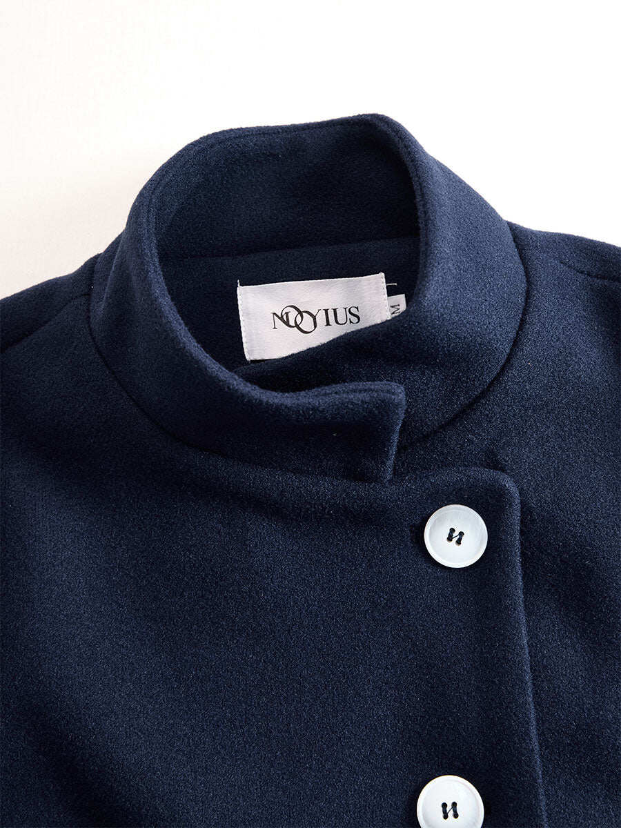 Elegant Navy Stand - Collar Maxi Coat