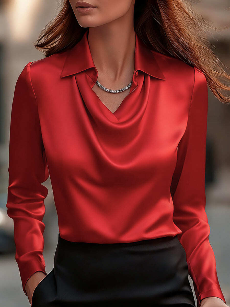 Elegant White Satin Blouse with Draped Neckline
