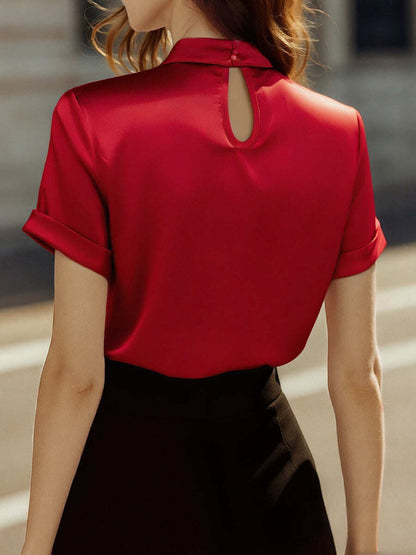 Sophisticated White Satin Blouse with Modern Keyhole Neckline