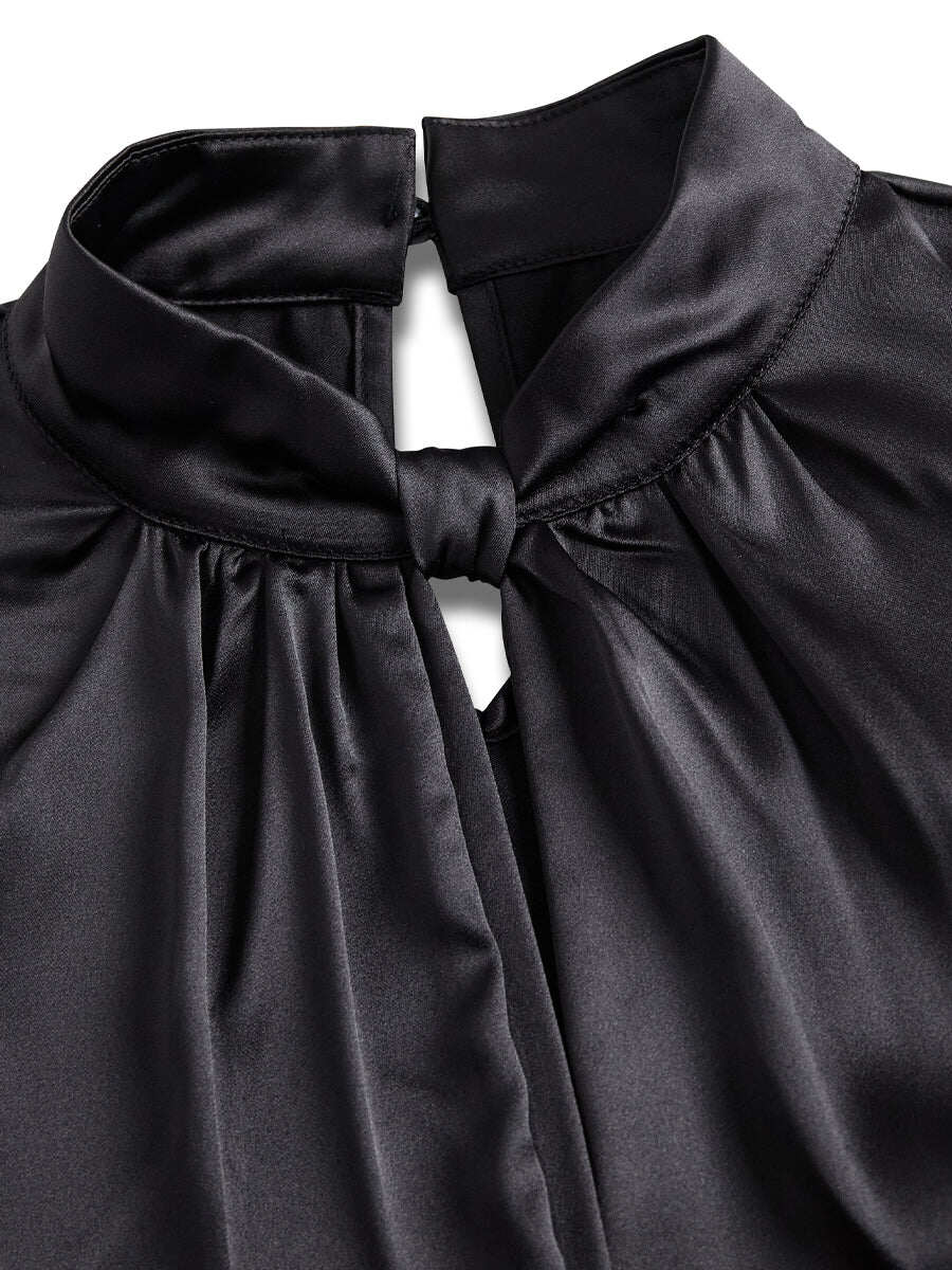 Sophisticated White Satin Blouse with Modern Keyhole Neckline