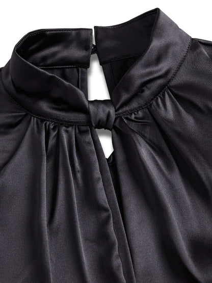 Sophisticated White Satin Blouse with Modern Keyhole Neckline