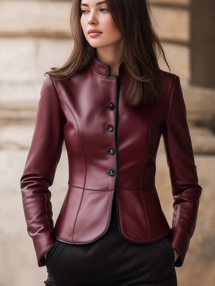 High Collar Fitted Faux Leather Jacket