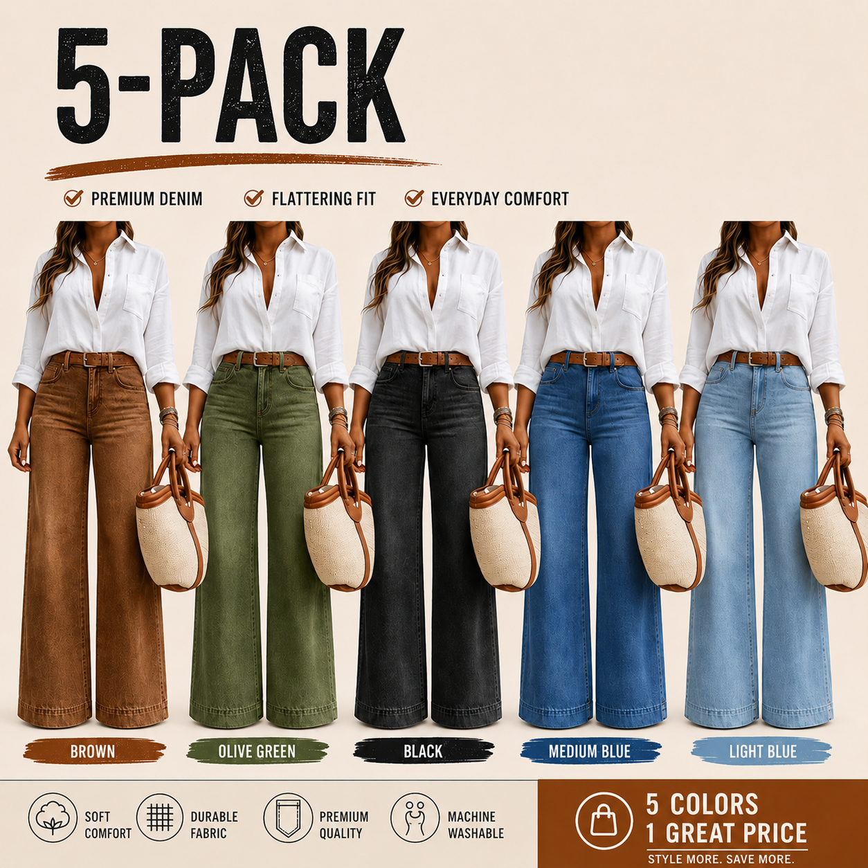 Women's Loose Fit Baggy Oversized Straight Leg Denim Jeans with Pockets
