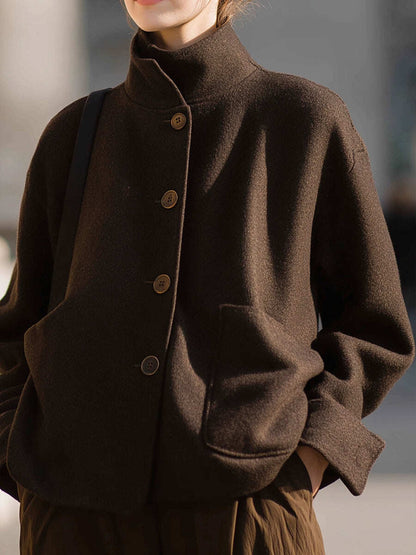Minimalist Brown Wool Stand-Collar Jacket