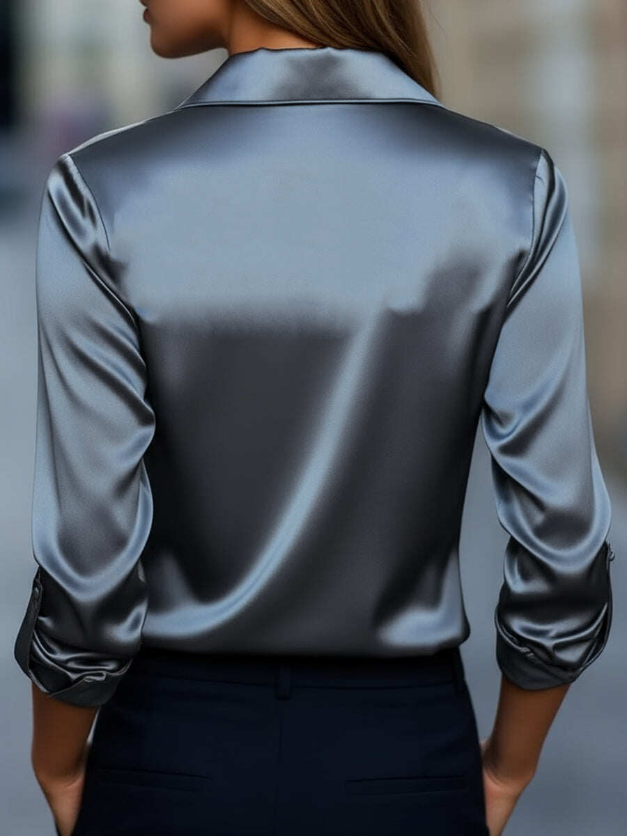 Silver Satin Blouse with Plunging V-Neck