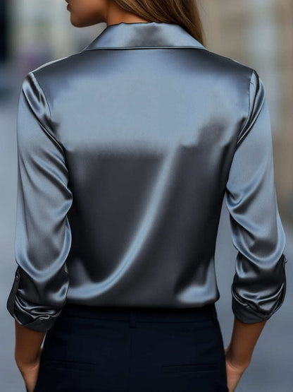 Silver Satin Blouse with Plunging V-Neck