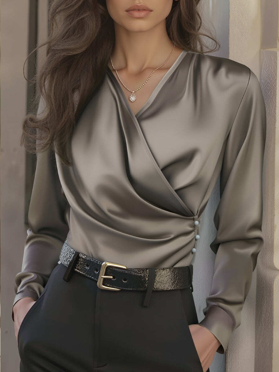 Luxurious Brown Lace Up Satin Blouse with a Tailored Fit and V-neck Design