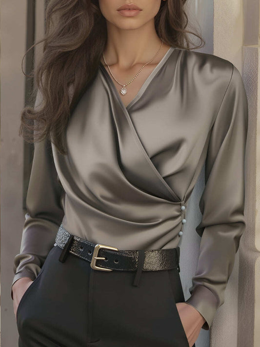 Luxurious Brown Lace Up Satin Blouse with a Tailored Fit and V-neck Design