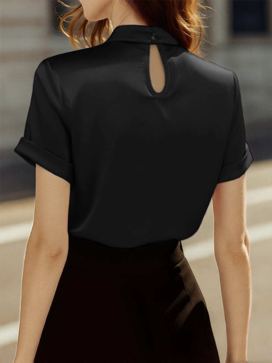 Sophisticated White Satin Blouse with Modern Keyhole Neckline