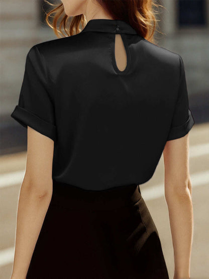 Sophisticated White Satin Blouse with Modern Keyhole Neckline