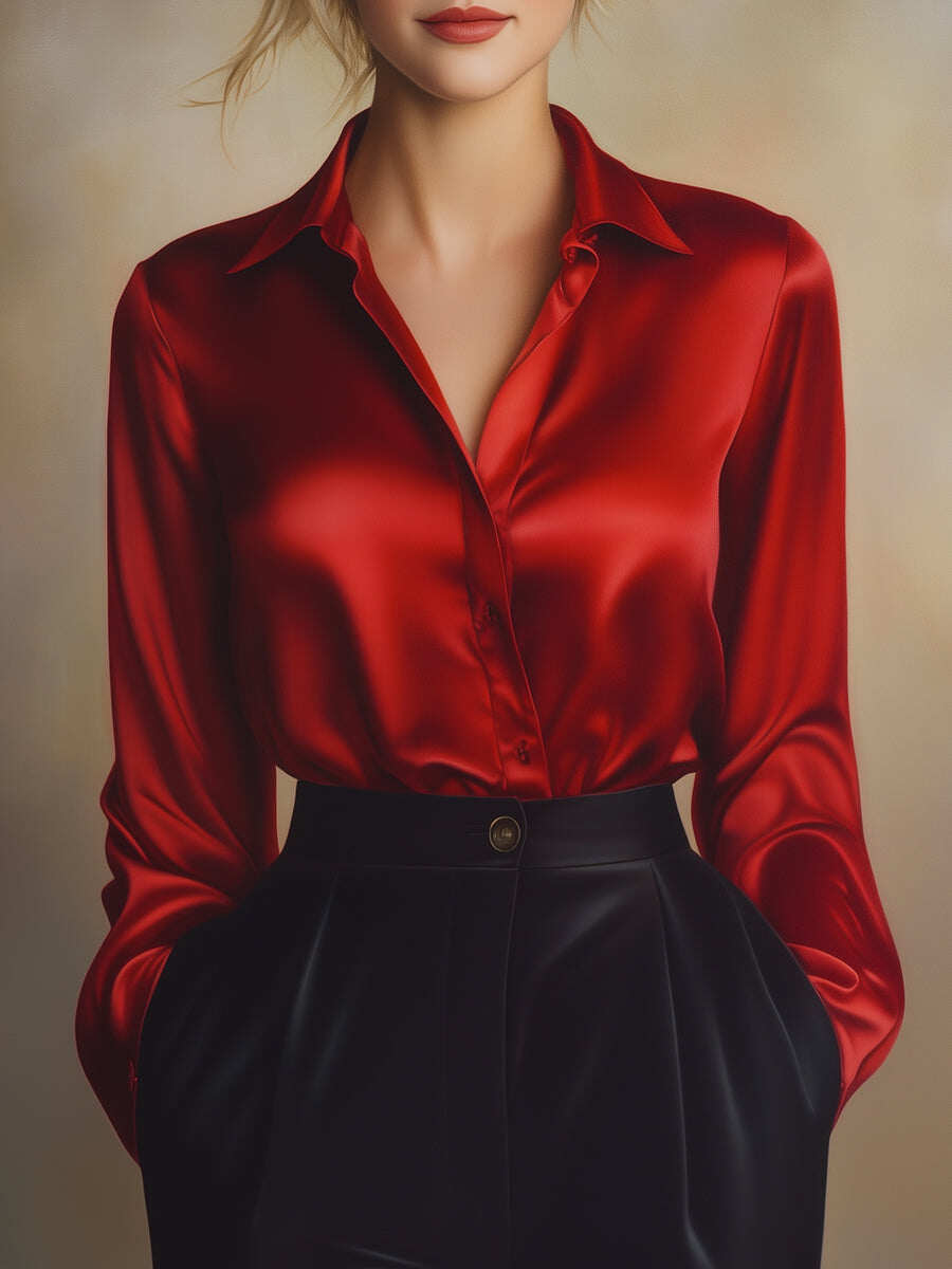 Elegant Black Satin Long Sleeves Blouse