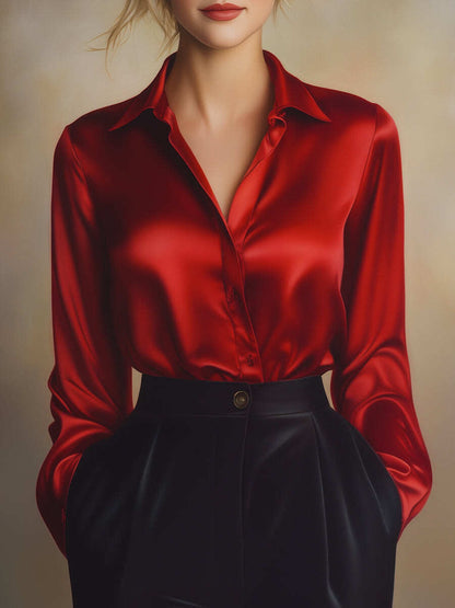 Elegant Black Satin Long Sleeves Blouse